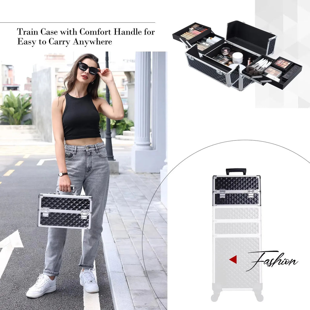 Makeup Trolley Case Detachable 4 in 1 Alloy Train Briefcase for Nail Manicure on Wheels