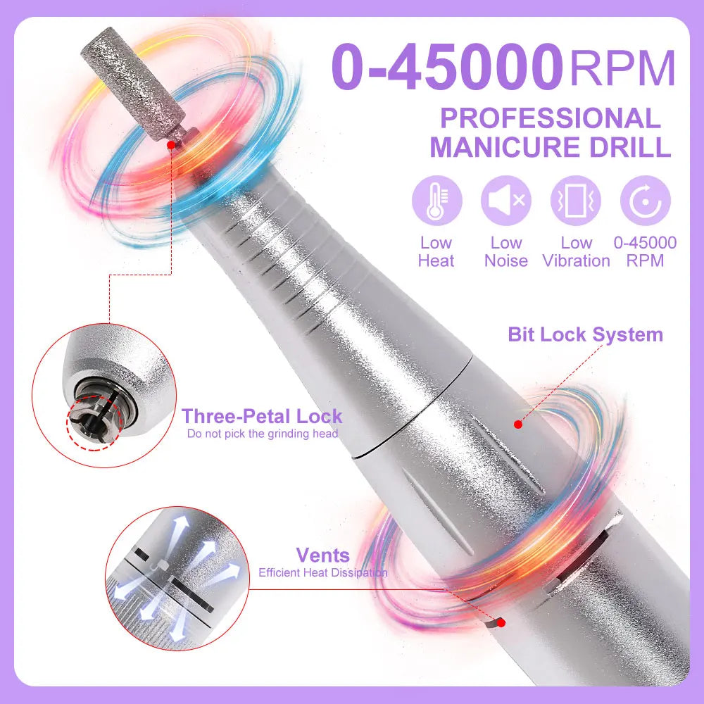 45000RPM Electric Nail Drill Polisher Rechargeable Portable Electric Nail File Machine Kit for Home Acrylic Gel Nails Polishing