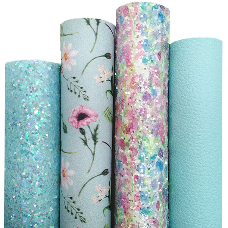 Blue Chunky Glitter Leather Leopard Flowers Printed Glitter  Sheets 21x29CM