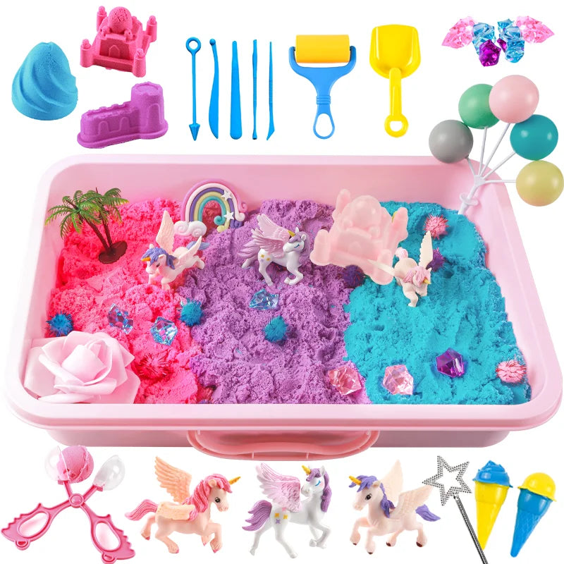 Unicorn Sensory Bin for Girl, Magic Sand Art Kit for Kids with Sandbox, Castle Molds, 2.18lb 3 Color Sand, Best Birthday Gift