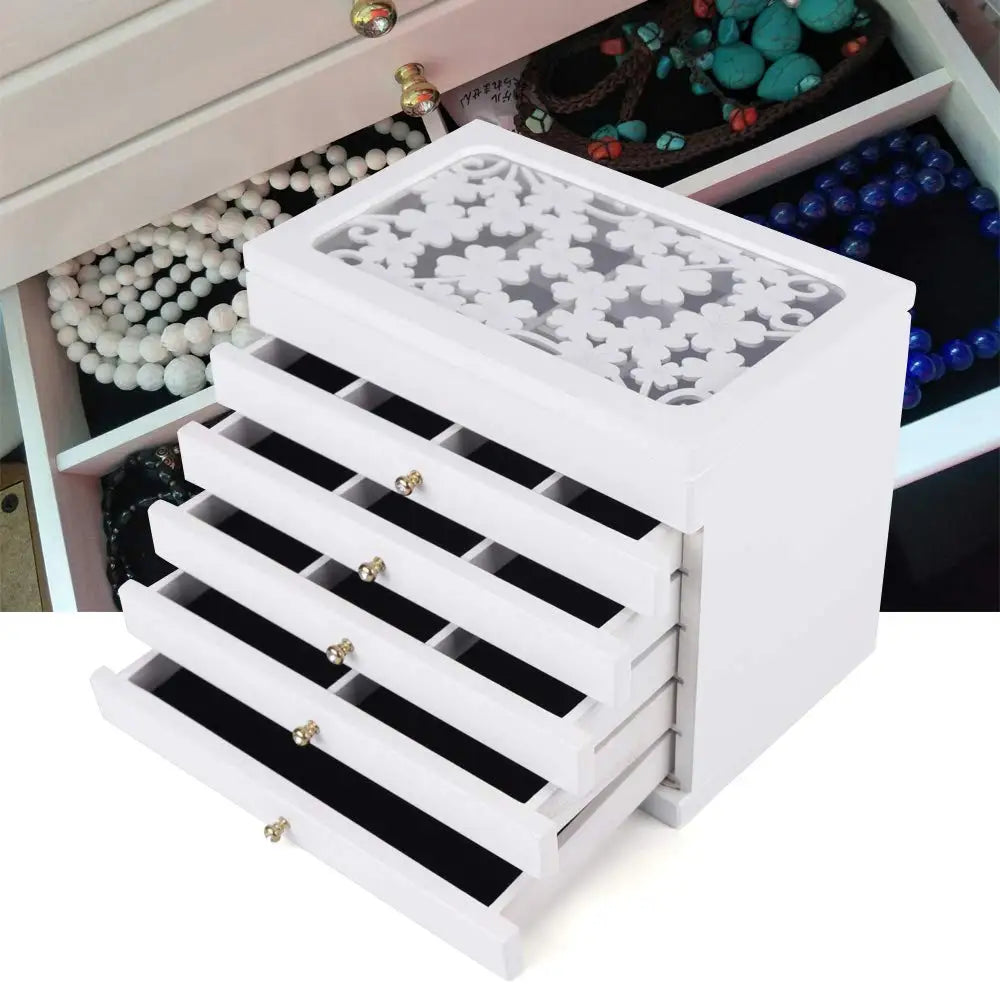 Jewelry Storage Organizer Wooden Storage Box Case for Woman (White)