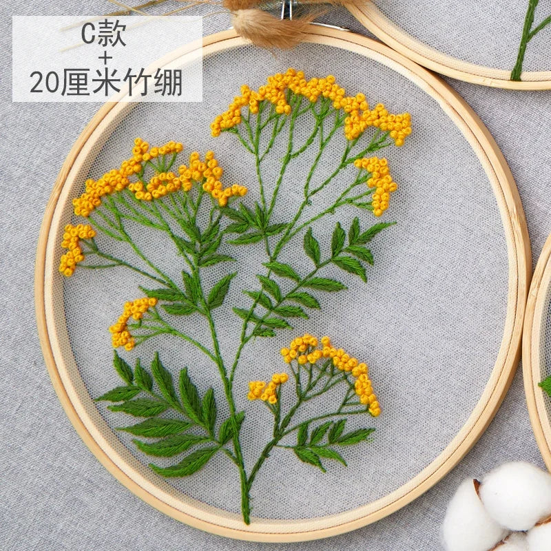 DIY Flowers Plants Pattern Embroidery Set Needlework Tools Printed Beginner Embroidery Round Cross Stitch Kit Sewing Craft Kit