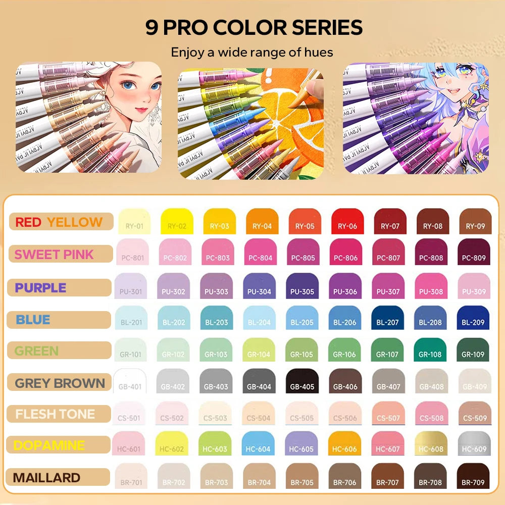 Acrylic Brush Markers Set 9 in grey, brown or flesh tones