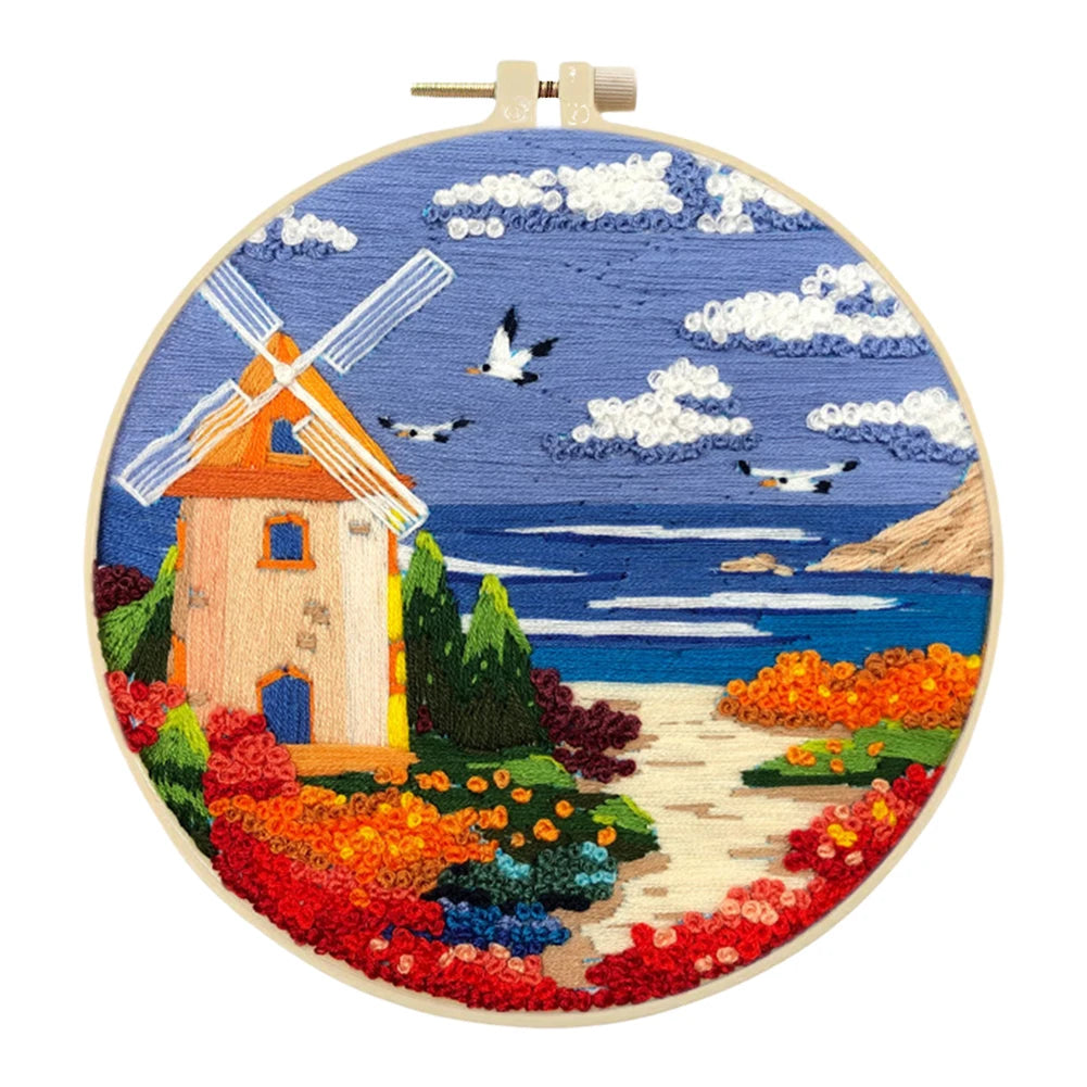 Landscape Stamped Cross Stitch Embroidery Kits with Hoop