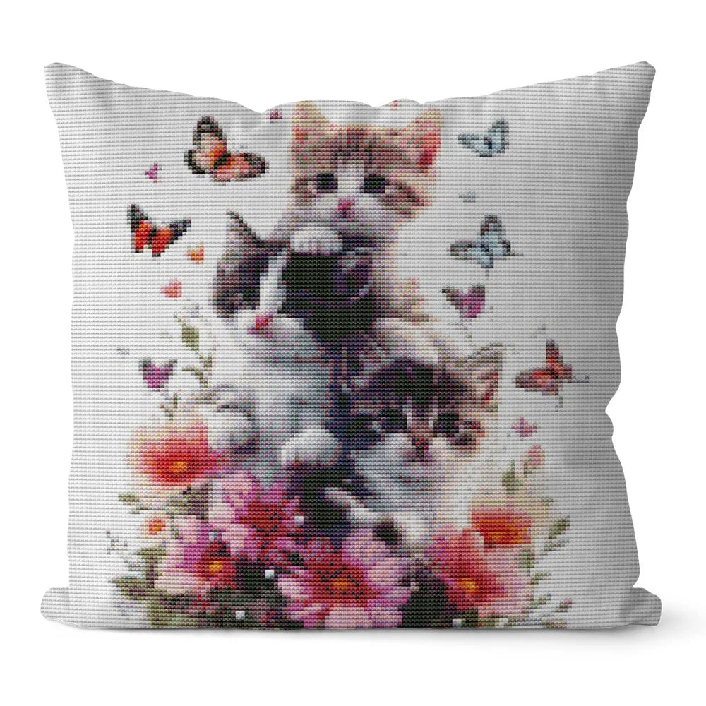 Cat Cross Stitch Pillow Kit Flower Printed Canvas 11CT Needlework Set Cartoon Handmade Craft Living Room Accessories