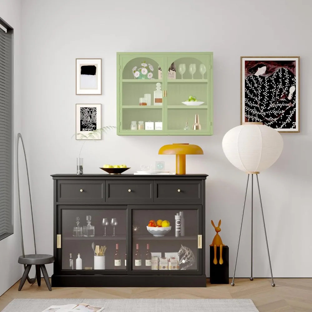 Retro Mint Green Glass Door Wall Cabinet with Removable Shelves