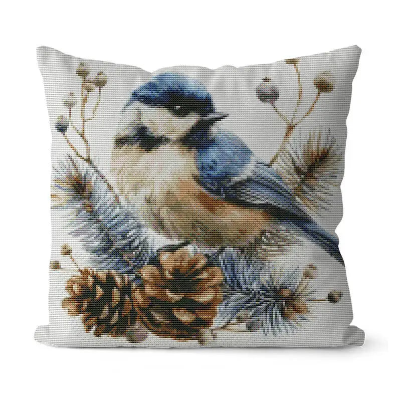 Cross Stitch Pillow Bird Pinecone 11ct Picture Printed Canvas