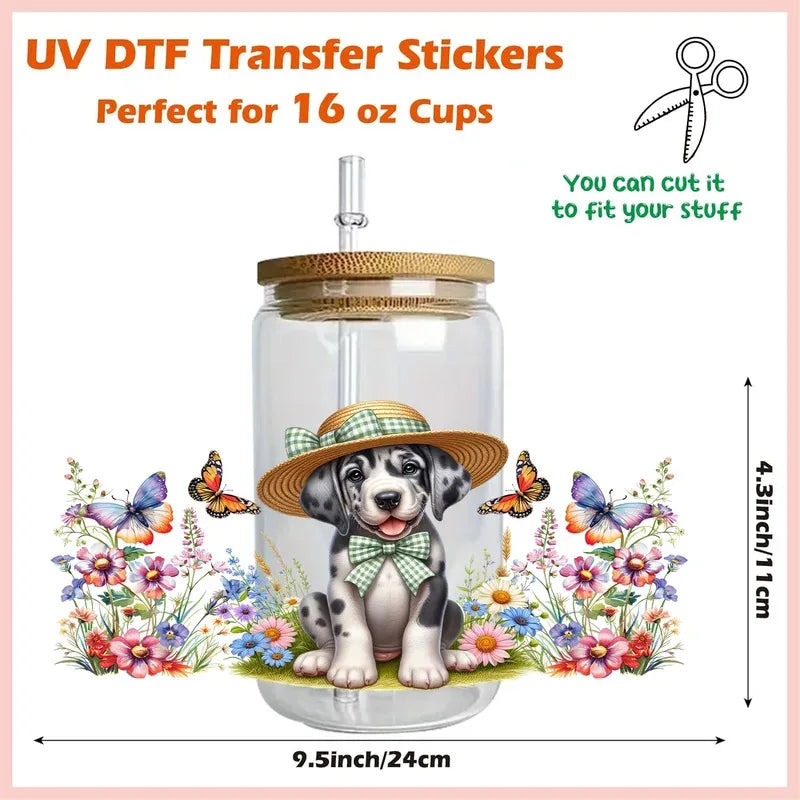 Cute dogs artwork UV 3D transfers UV DTF  stickers 16oz cup wraps