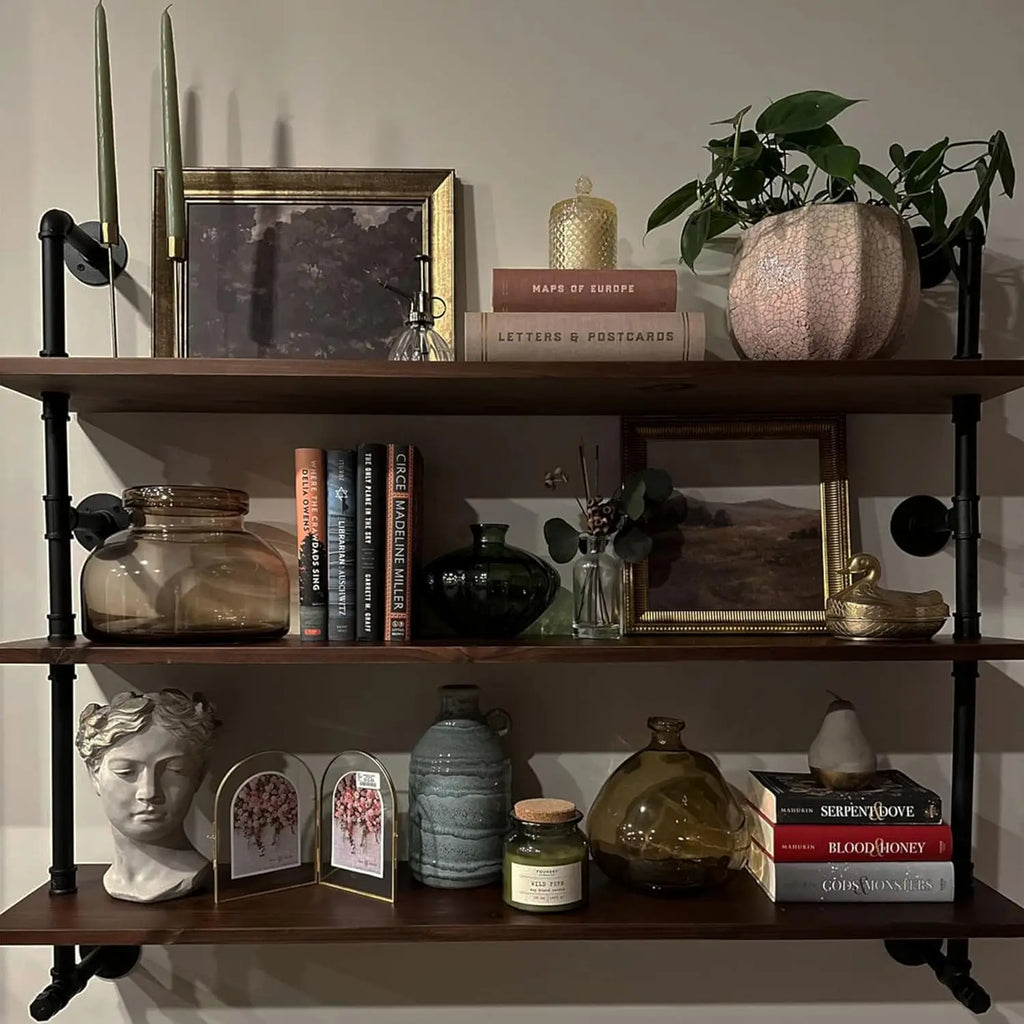 Industrial Pipe Wall Shelves with Real Wood Plank in Dark Brown