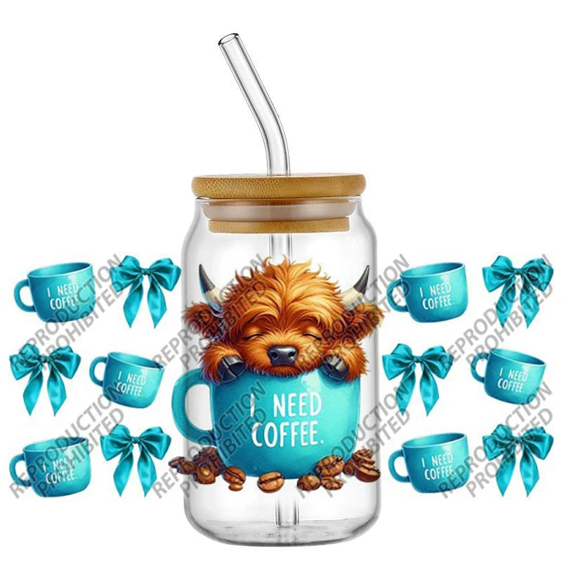 Scotland cow I need coffee UV DTF  Decals for 16oz cup wraps
