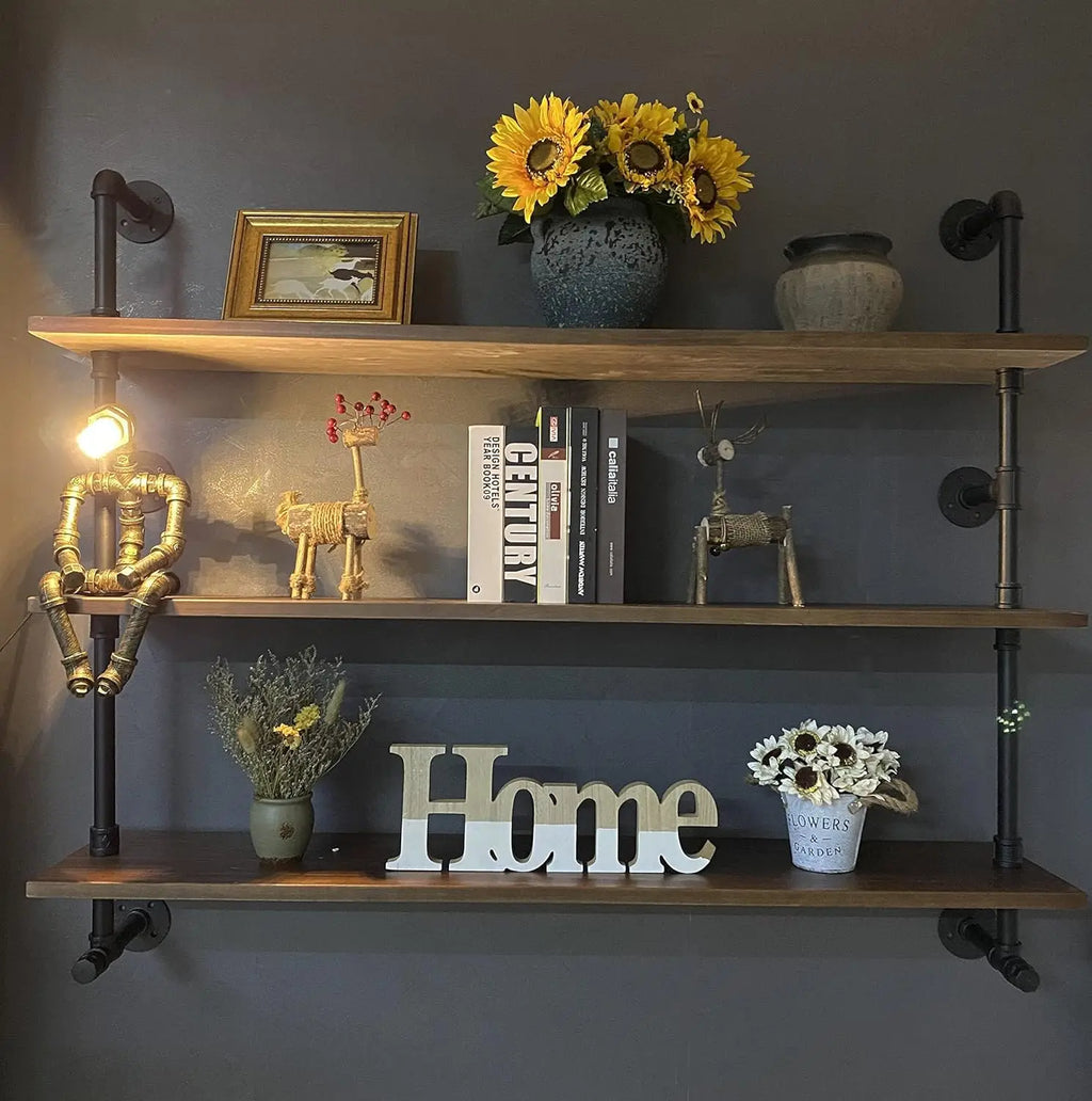 Industrial Pipe Wall Shelves with Real Wood Plank in Dark Brown