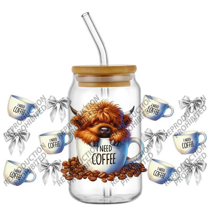 Scotland cow I need coffee UV DTF  Decals for 16oz cup wraps