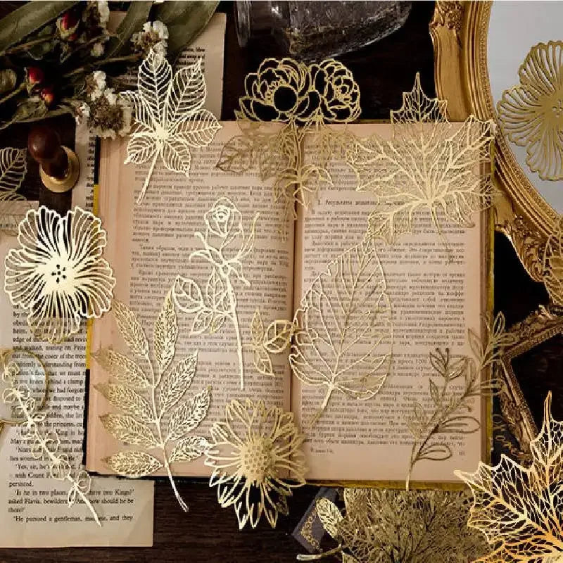 10Pcs Gold Lace Leaf Paper Scrapbook Sticker Die Cut