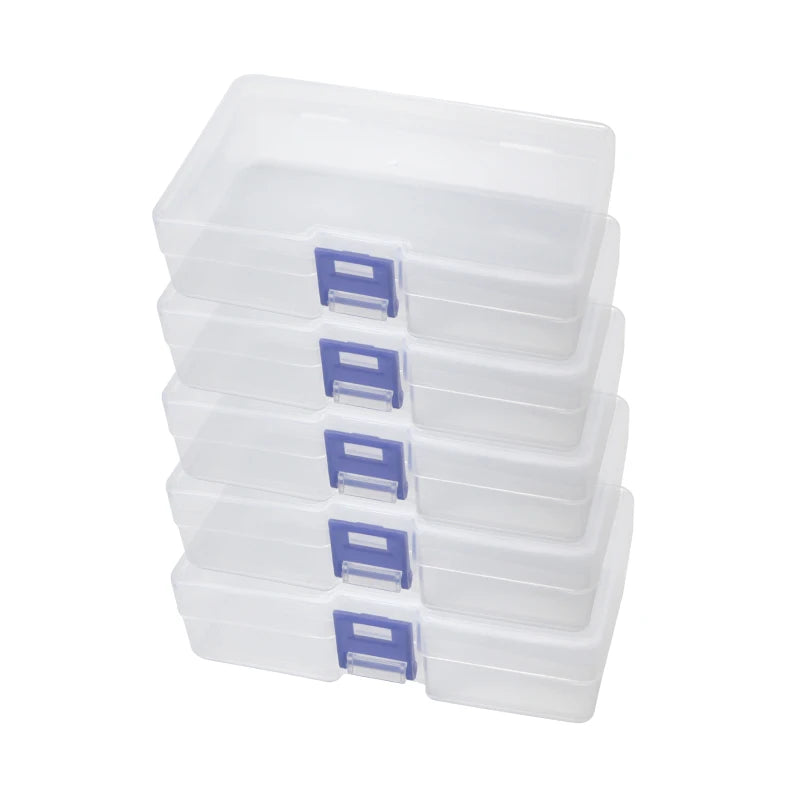 5 transparent plastic storage boxes