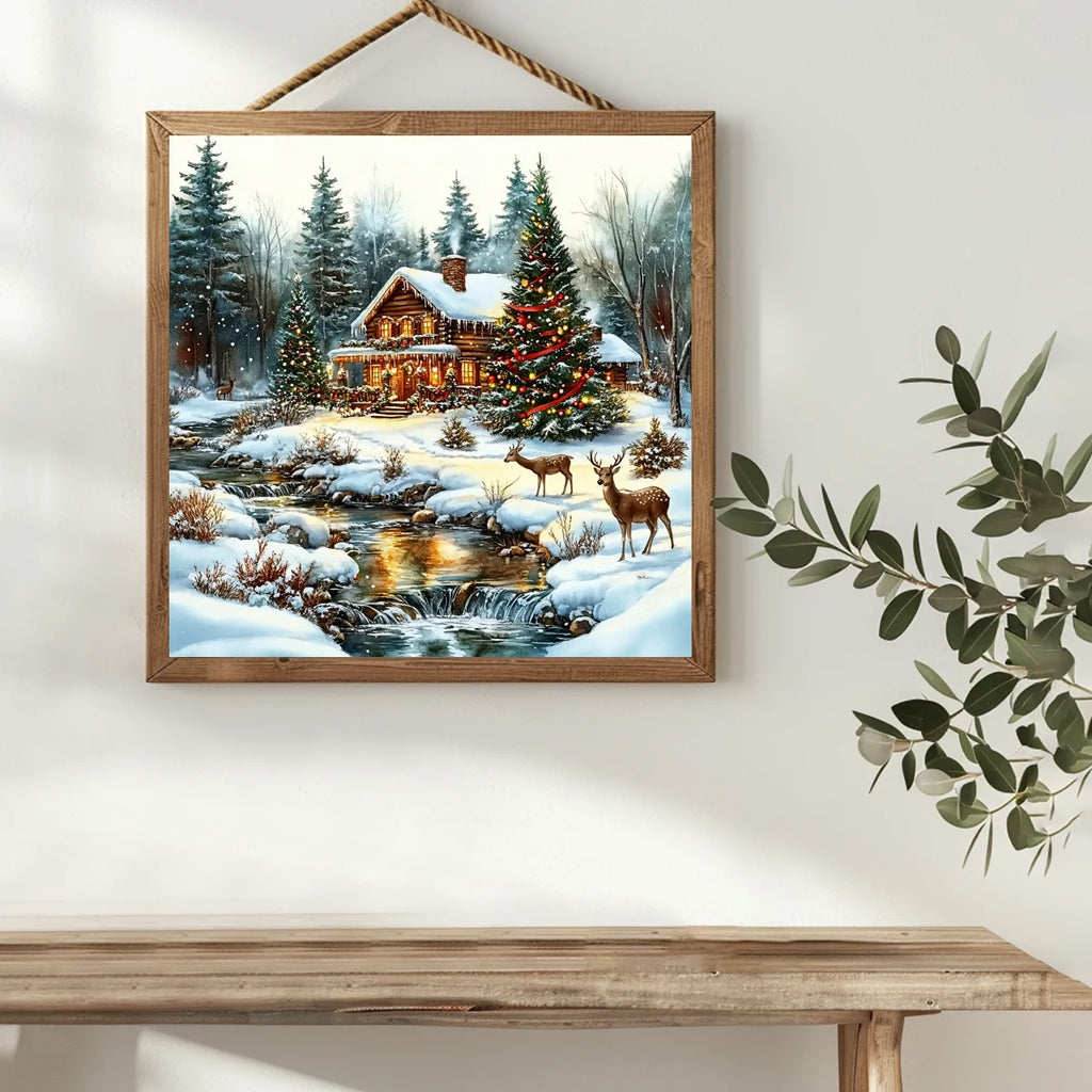 The snow scene outside the house at Christmas stamped cross stitch kit