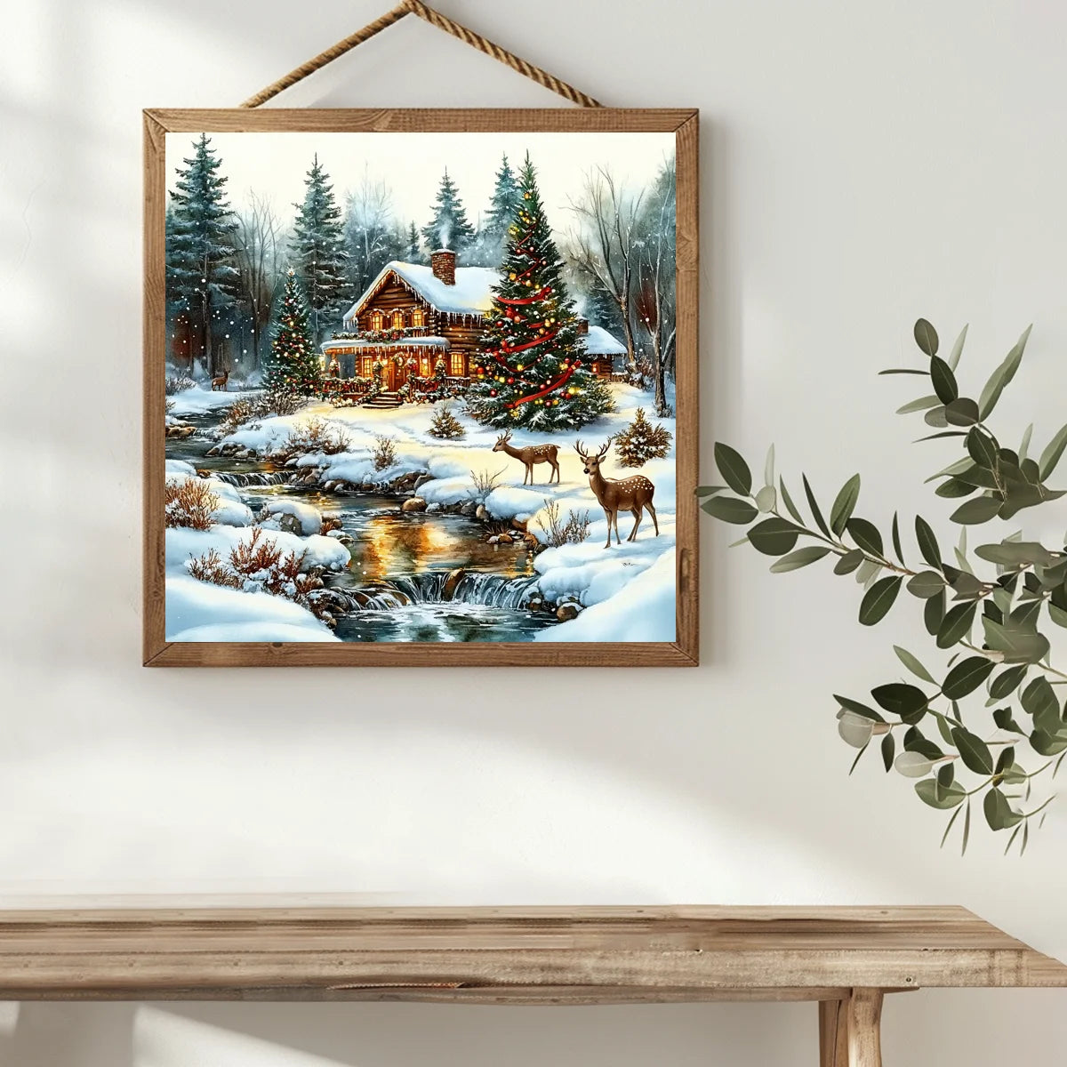 The snow scene outside the house at Christmas stamped cross stitch kit