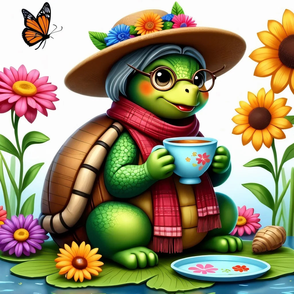 Full 11CT Embroidery Cross Stitch Kits Charming Turtle Tea Scene Pre Printed Aida Cloth