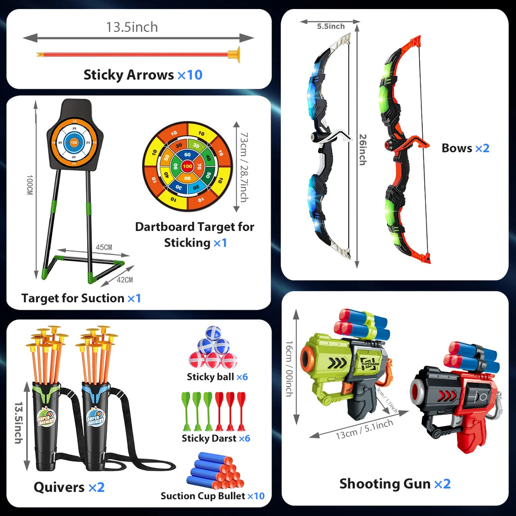 VATOS 2X Bow Arrow + Guns Toy For Kids Night-Light Archery Stand Target Board