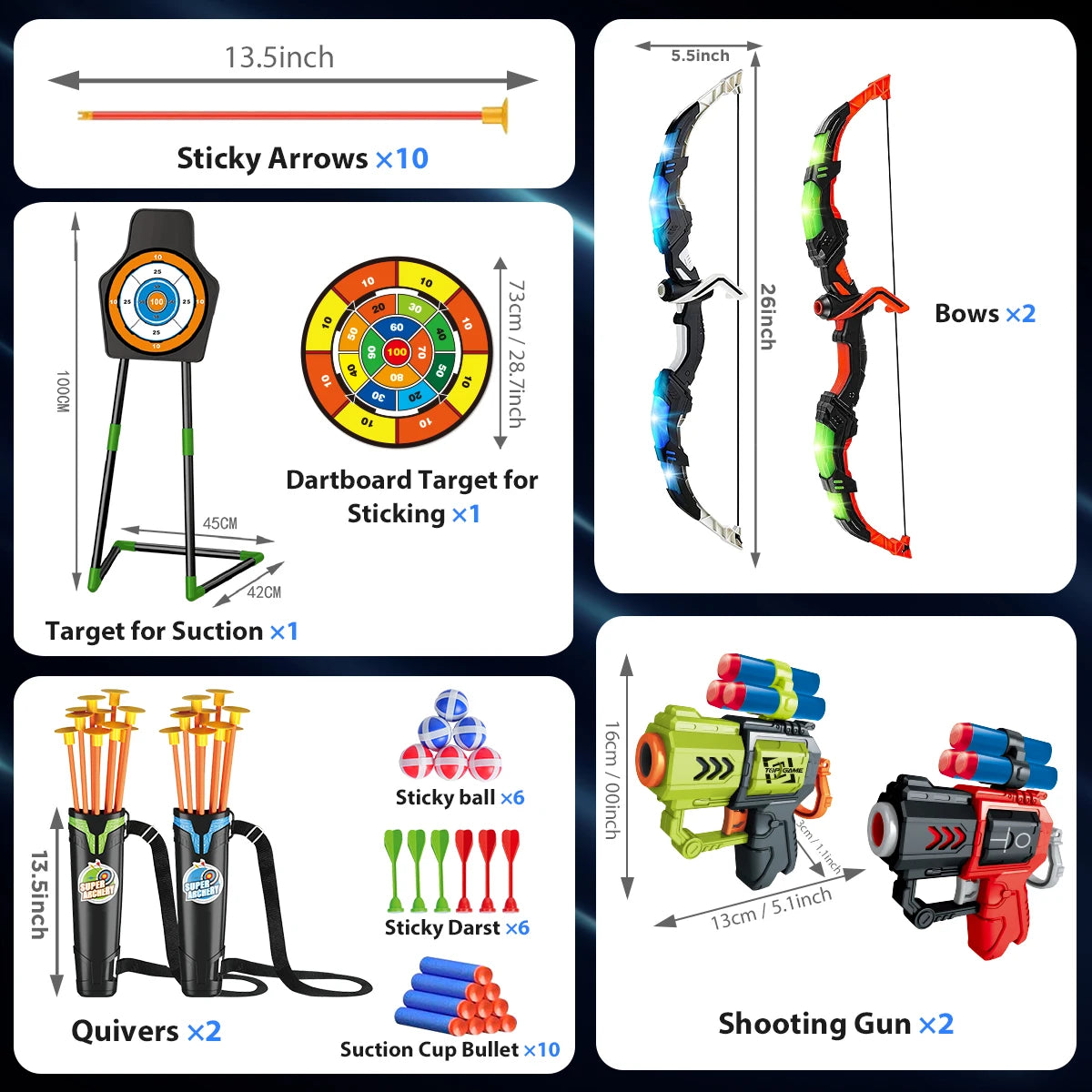 VATOS 2X Bow Arrow + Guns Toy For Kids Night-Light Archery Stand Target Board