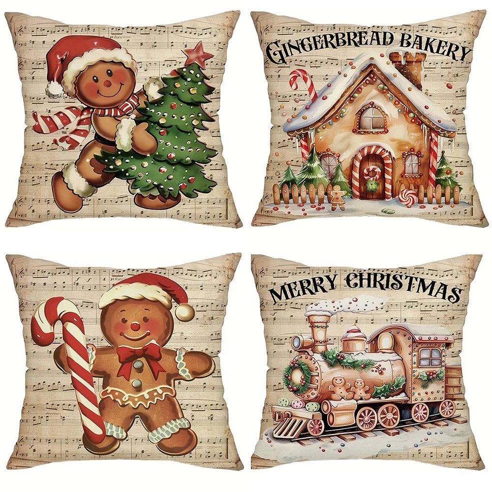 Christmas gingerbread decoration pillowcase New Year gift Christmas train cabin pattern home room decoration sofa cushion cover
