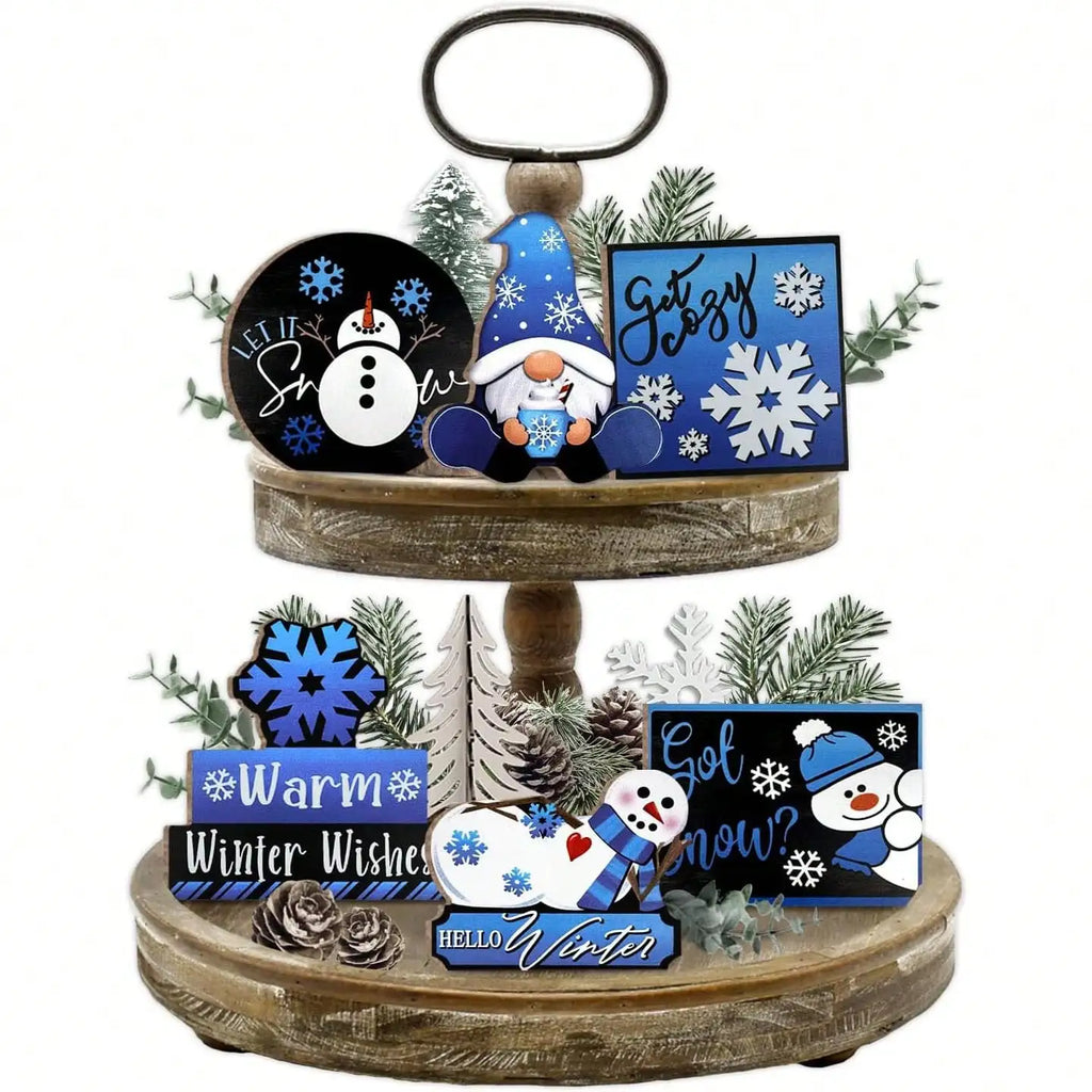 6PCS Winter Christmas  Blue Gnome/Snowman/Snowflake Wooden Signs,