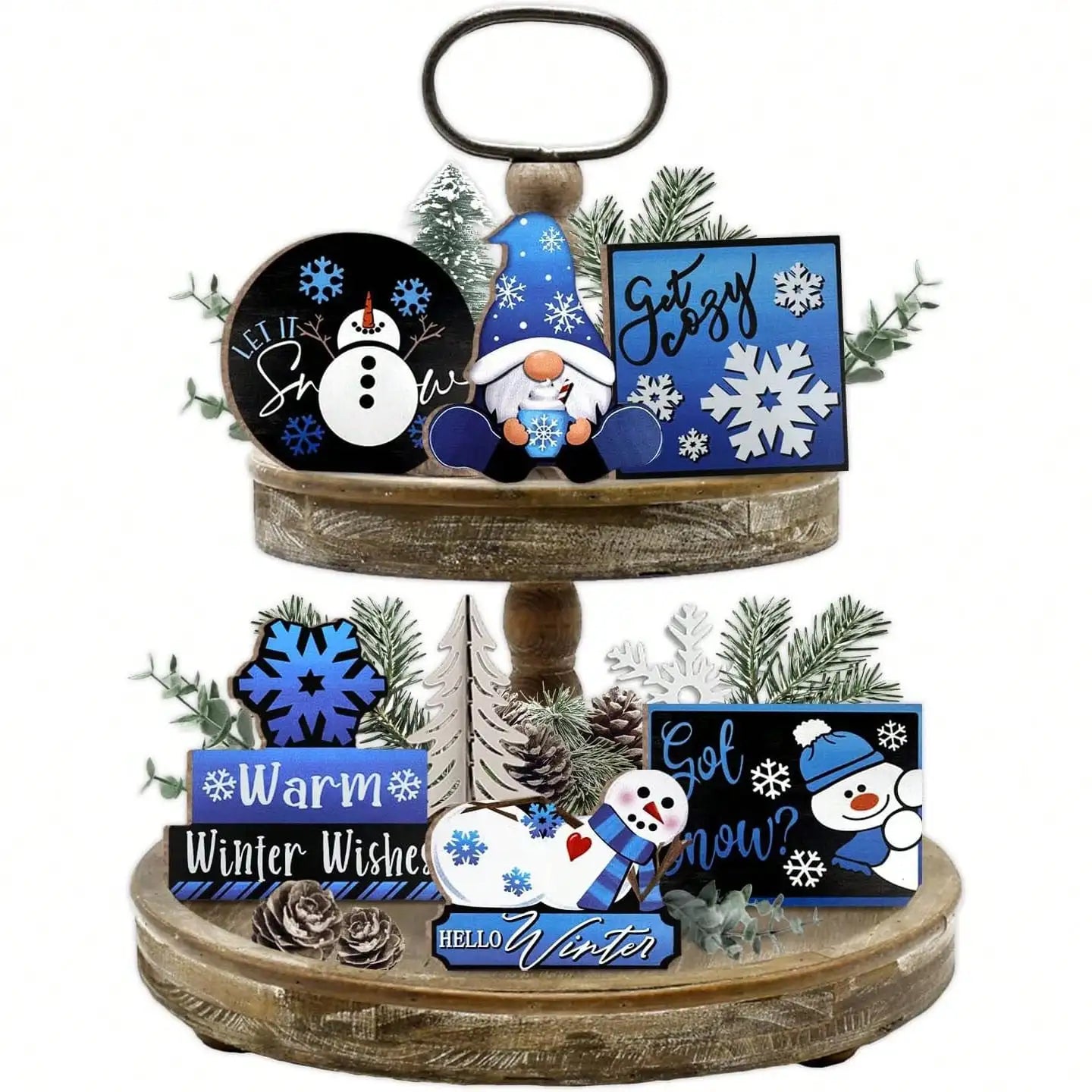 6PCS Winter Christmas  Blue Gnome/Snowman/Snowflake Wooden Signs,