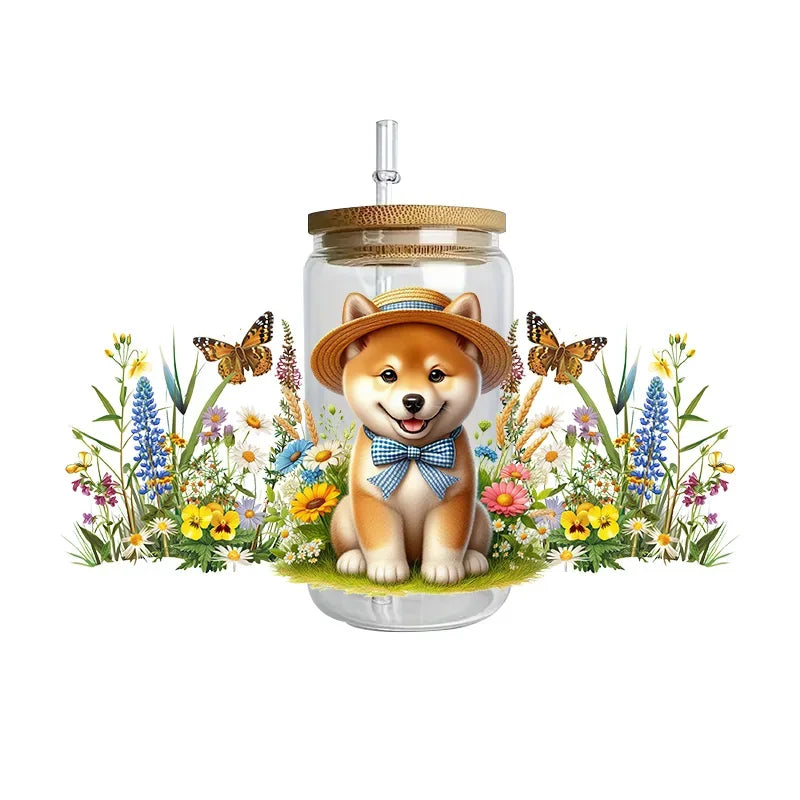 Cute dogs artwork UV 3D transfers UV DTF  stickers 16oz cup wraps