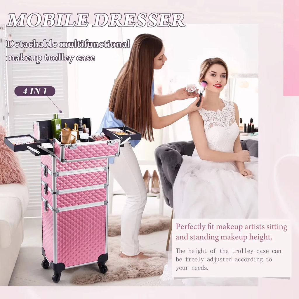 Makeup Trolley Case Detachable 4 in 1 Alloy Train Briefcase for Nail Manicure on Wheels