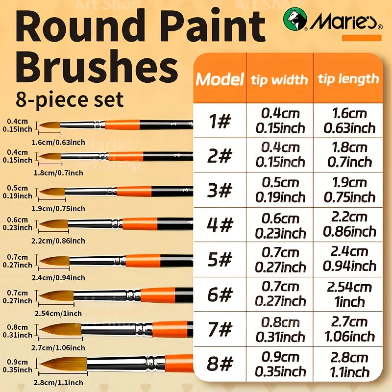 8pcs Round Tips Paint Brushes Set for Watercolor Painting