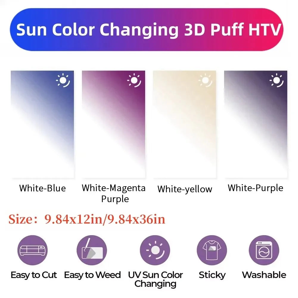 3D Foaming Heat Transfer Vinyl For Cricut, Sun Color Changing Puff