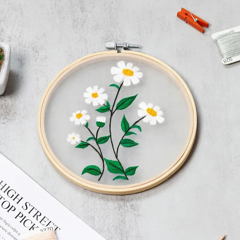 DIY Flowers Plants Pattern Embroidery Set Needlework Tools Printed Beginner Embroidery Round Cross Stitch Kit Sewing Craft Kit