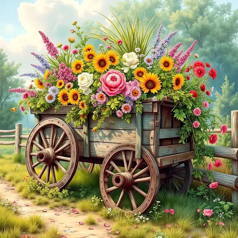 Cross Stitch Pillow Flower Basket Cart 11ct