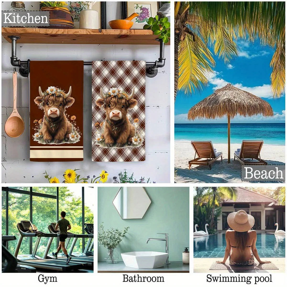 2Pcs, Highland Cow Brown Plaid Kitchen Towels,