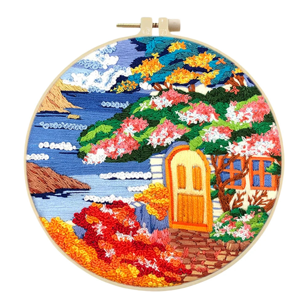 Landscape Stamped Cross Stitch Embroidery Kits with Hoop