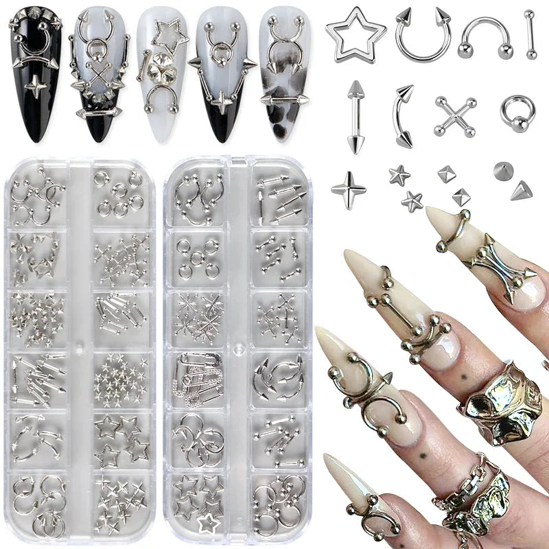 12 Grids Goth Punk Nail Charms Studs Y2K Piercing Designs Metallic Silvery Nails Art Rivets 3D Stars Alloy Nail Art Decorations