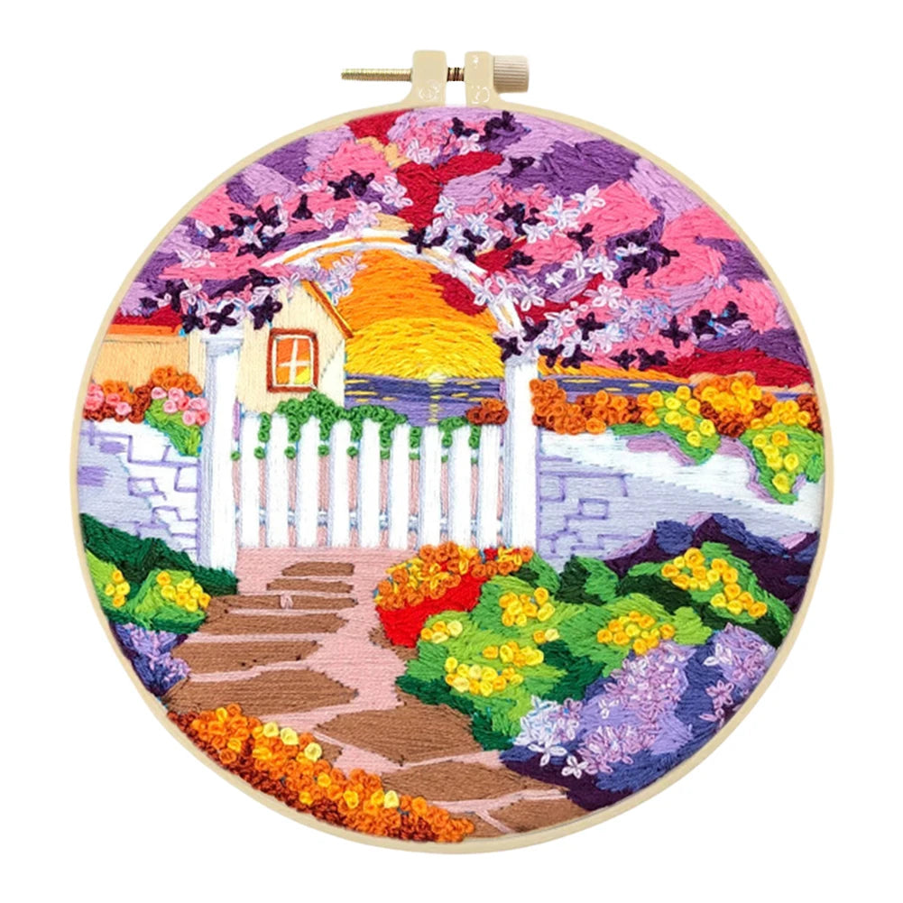 Landscape Stamped Cross Stitch Embroidery Kits with Hoop
