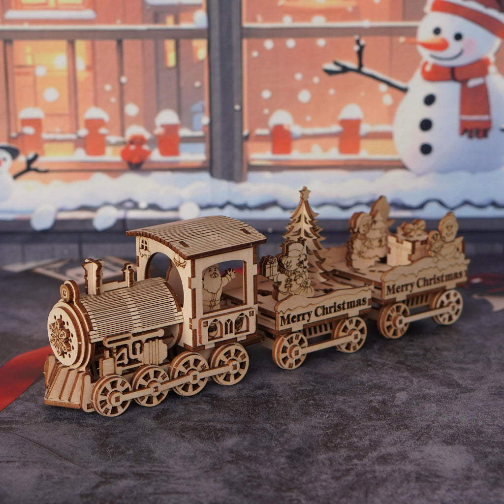 3D Wooden Christmas Train Puzzle Set - Retro Yellow Steam Motorcycle with Santa Claus, Snowman and Holiday Scene - Ideal Gift and Seasonal Decoration, Winter Wonderland Christmas Decoration