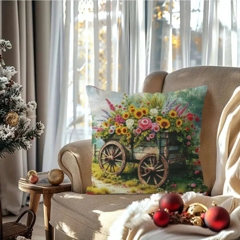 Cross Stitch Pillow Flower Basket Cart 11ct
