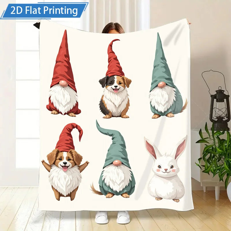 1pc Flannel Blanket Cute Gnomes and Pets Fleece Blanket 2D Printed Soft Cozy Throw for Home Decor Bedroom Living Room