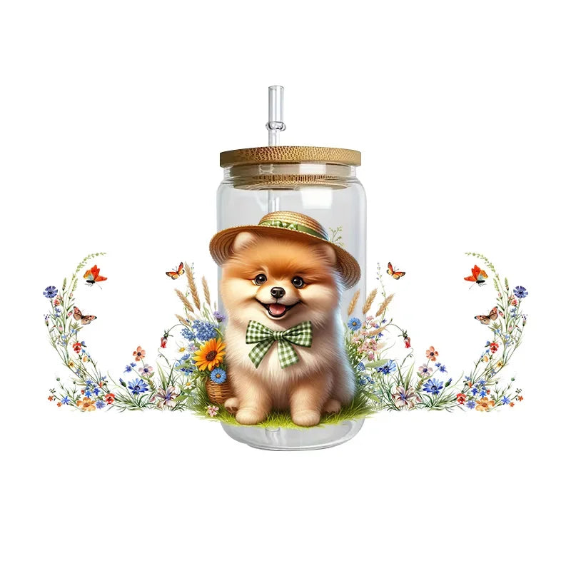 Cute dogs artwork UV 3D transfers UV DTF  stickers 16oz cup wraps