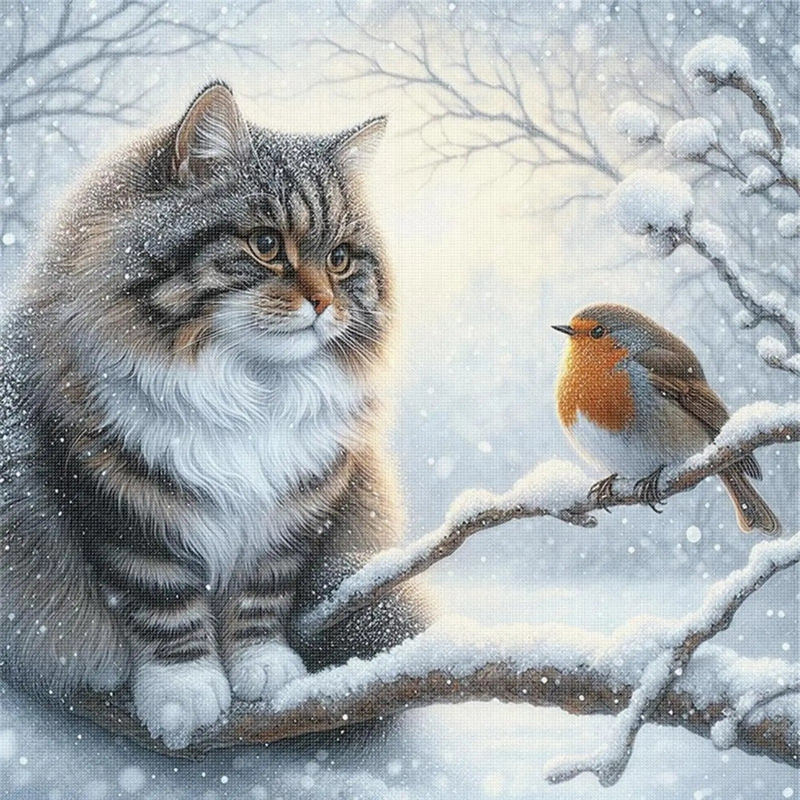 Cat Bird Printed Cross Stitch Kit 40x40cm DIY 11CT Embroidery Craft Set Decor