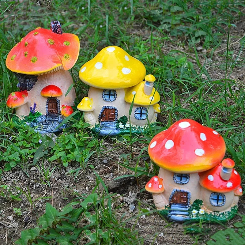 Cute Resin Mini Mushroom House Outdoor Garden Decoration Statue Gnome's House Sculpture For Home Office Room Decor Ornament