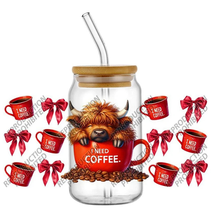 Scotland cow I need coffee UV DTF  Decals for 16oz cup wraps