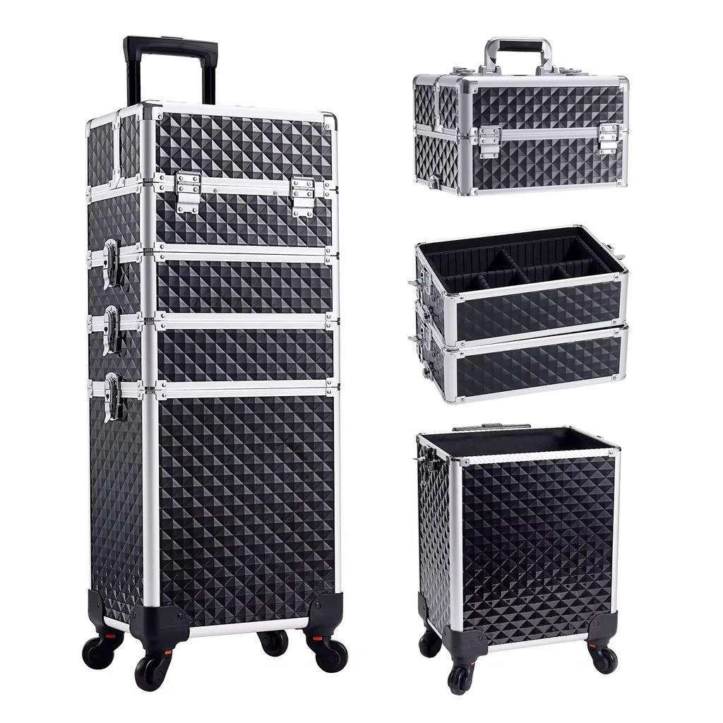 Makeup Trolley Case Detachable 4 in 1 Alloy Train Briefcase for Nail Manicure on Wheels