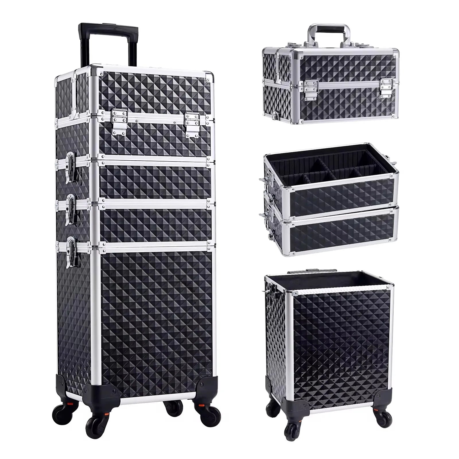 Makeup Trolley Case Detachable 4 in 1 Alloy Train Briefcase for Nail Manicure on Wheels