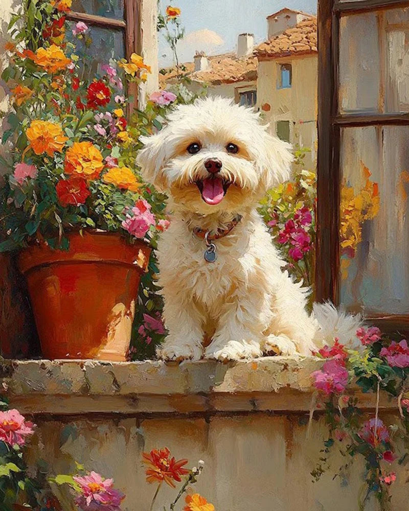 DIY Digital Oil  Painting By Numbers Flower Puppy Drawing On Canvas