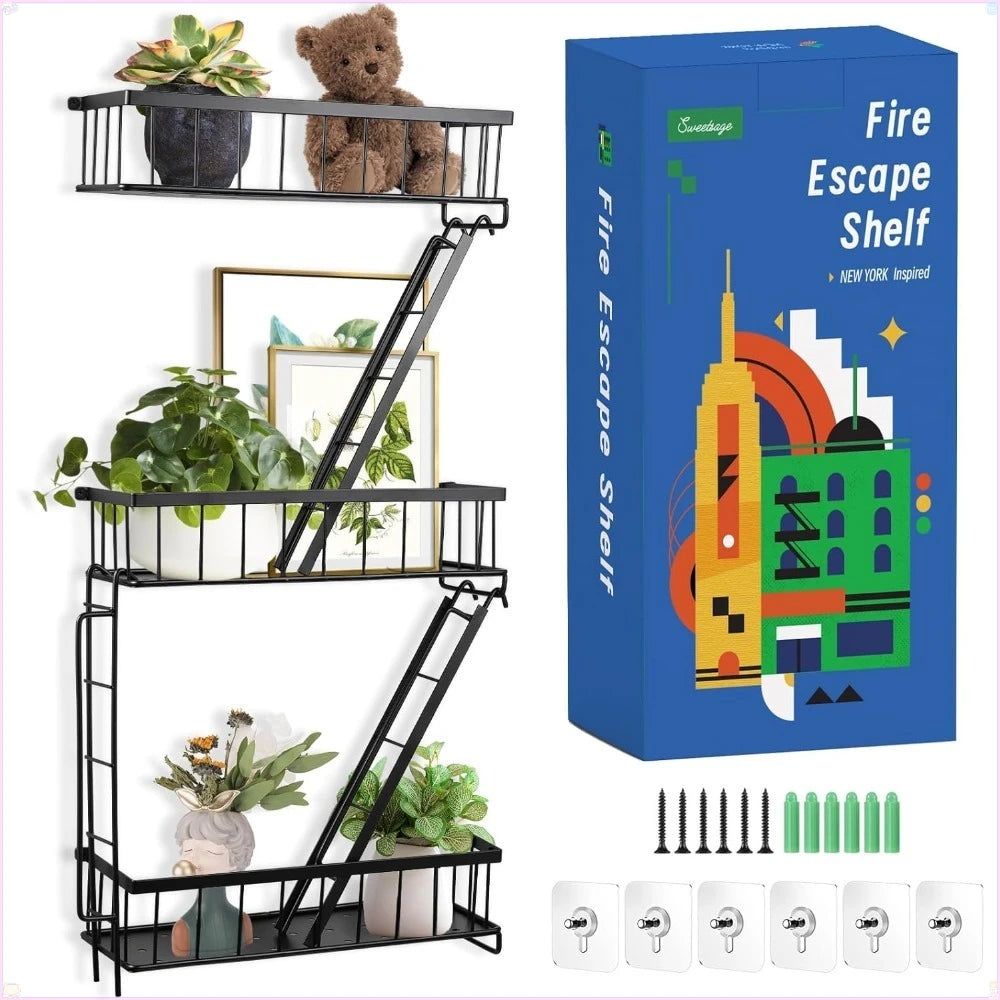 Fire Escape Wall Shelf - Wall Art Floating Shelf Black Metal Shelves  (3-Tier)