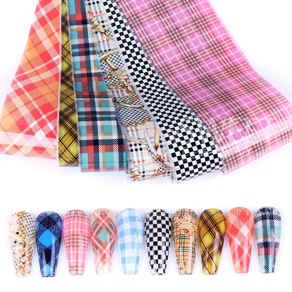 10PCS Plaid Nail Art Foil Transfer Paper