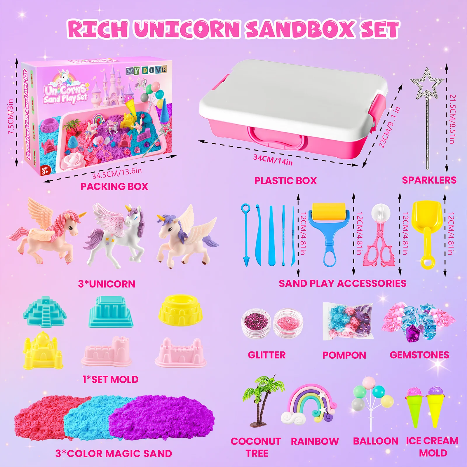 Unicorn Sensory Bin for Girl, Magic Sand Art Kit for Kids with Sandbox, Castle Molds, 2.18lb 3 Color Sand, Best Birthday Gift