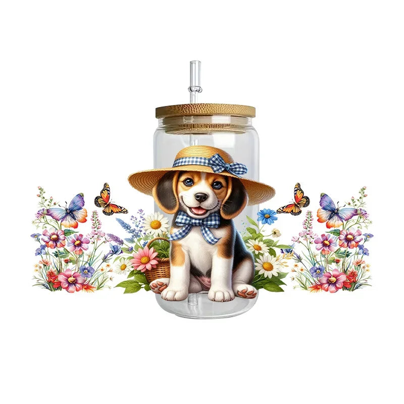 Cute dogs artwork UV 3D transfers UV DTF  stickers 16oz cup wraps